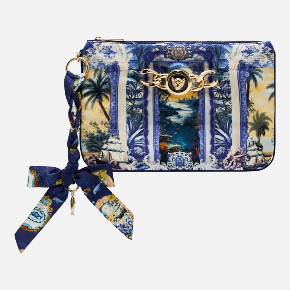 Camilla โSong of Saint Anthonyโ silk braided strap clutch pouch w chain detail